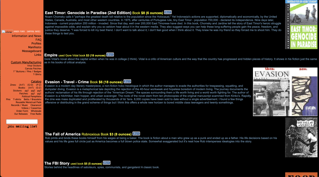 A screenshot from a 2002 website, listing punk and political books